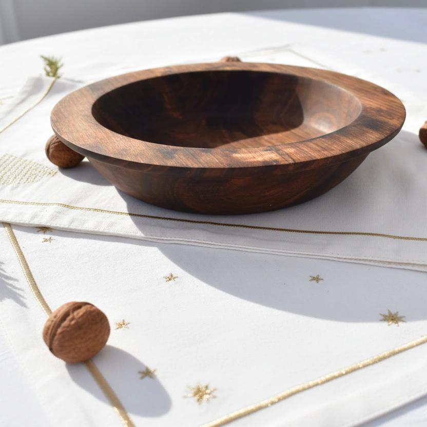 Hand-carved traditional Moroccan walnut serving tray with authentic design on neutral background