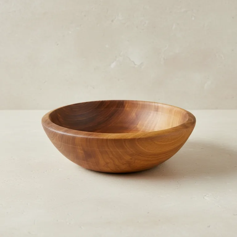 Handcrafted rustic walnut wood salad bowl with natural finish on neutral background