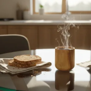 Walnut wood cocktail cup with fresh juice on modern glass kitchen table in natural light