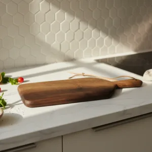 Walnut cutting board on modern kitchen table with fresh bread and vegetables in natural light