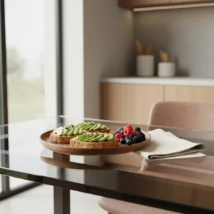 Walnut wood deep plate with beautifully plated food on modern glass kitchen table