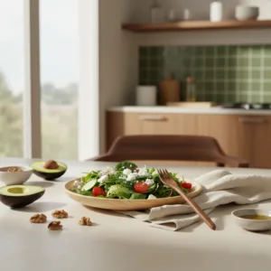 Walnut wood forks in modern kitchen with fresh salad on glass table