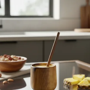 Walnut wood reusable straw in glass with cold beverage on modern kitchen glass table