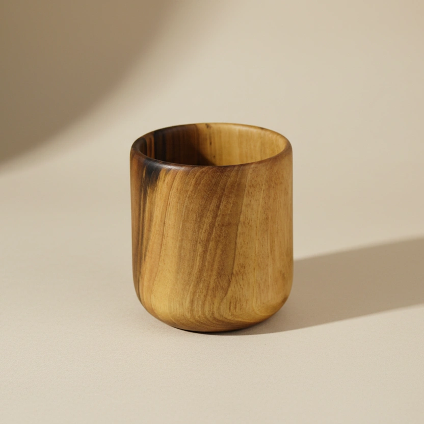 Hand-carved walnut wood cocktail cup with natural grain on neutral studio background