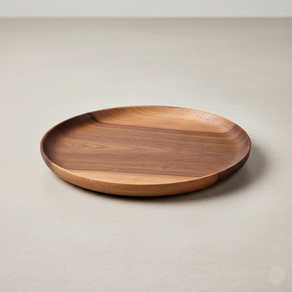 Elegant minimalist walnut wood deep plate with natural finish on neutral background