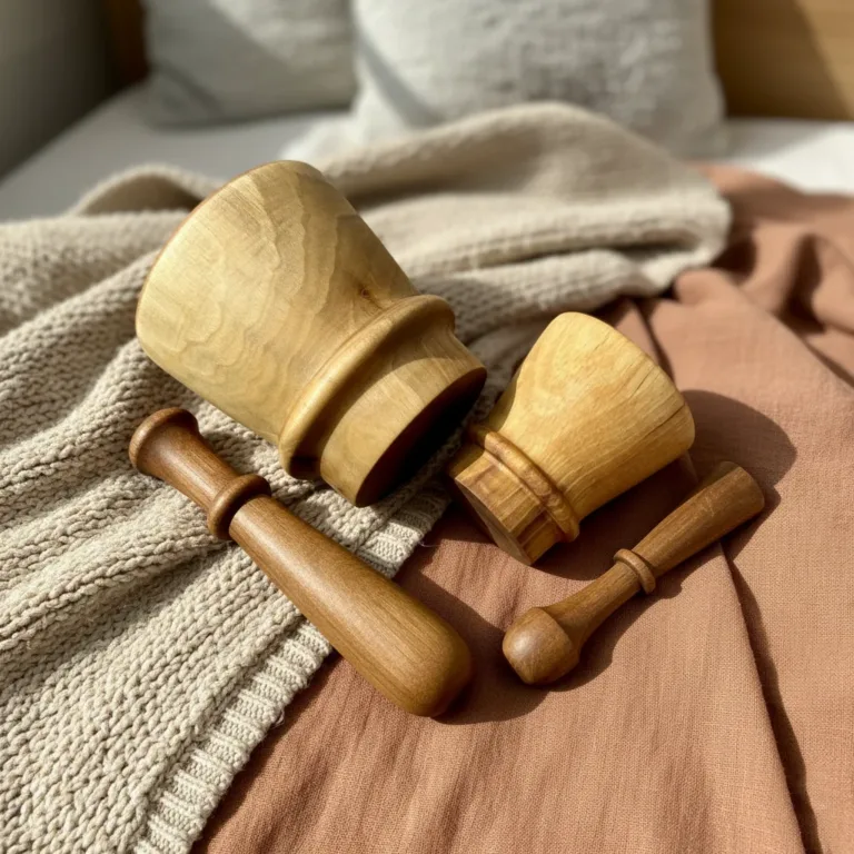 Artisanal walnut wood mortar and pestle set with natural grain on neutral background