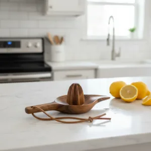 Walnut wood citrus juicer with fresh lemons and juice on modern kitchen table